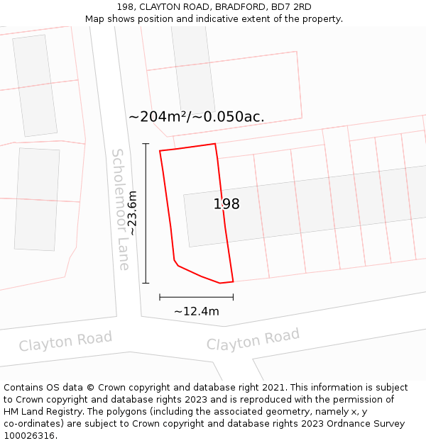 198, CLAYTON ROAD, BRADFORD, BD7 2RD: Plot and title map