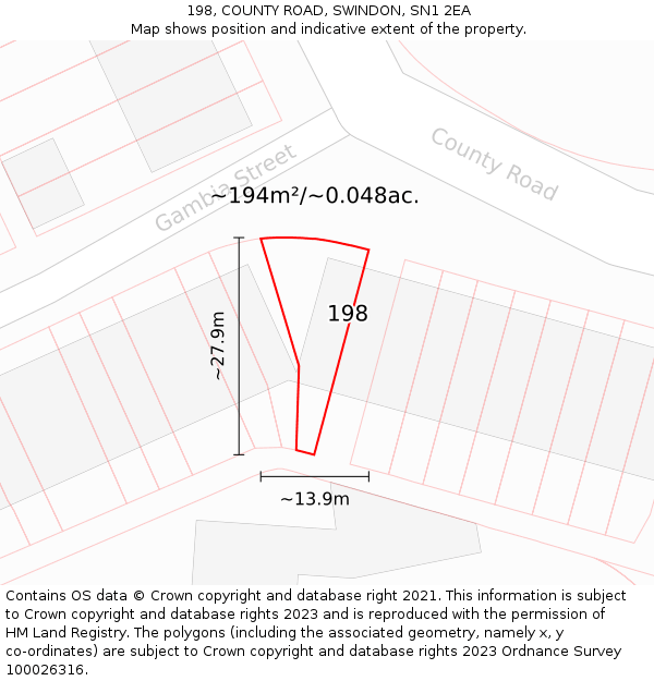 198, COUNTY ROAD, SWINDON, SN1 2EA: Plot and title map