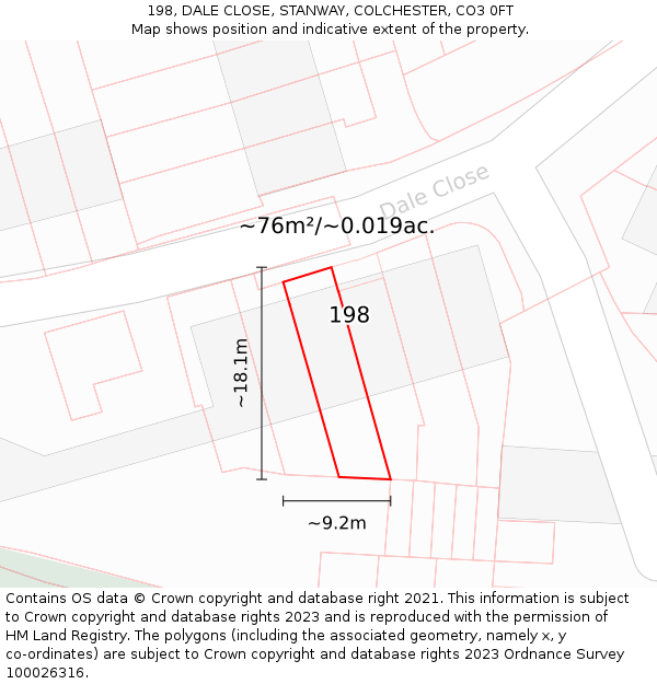 198, DALE CLOSE, STANWAY, COLCHESTER, CO3 0FT: Plot and title map