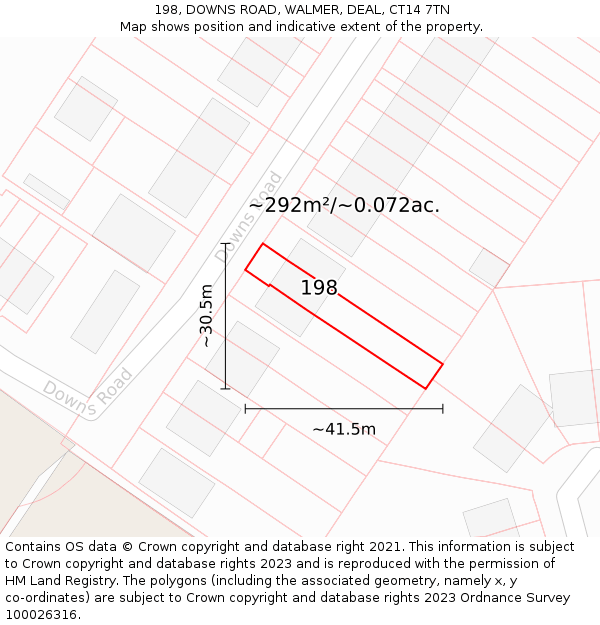 198, DOWNS ROAD, WALMER, DEAL, CT14 7TN: Plot and title map
