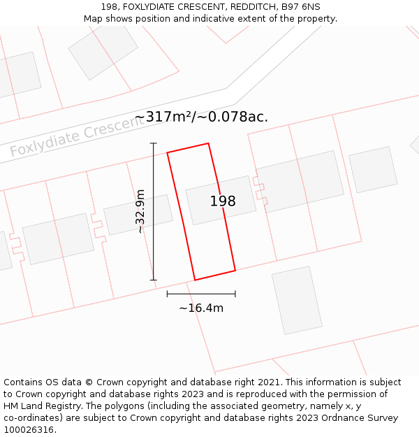 198, FOXLYDIATE CRESCENT, REDDITCH, B97 6NS: Plot and title map