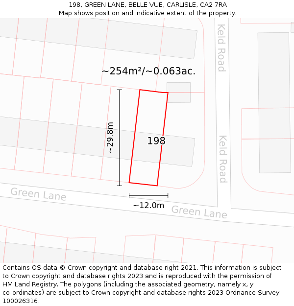198, GREEN LANE, BELLE VUE, CARLISLE, CA2 7RA: Plot and title map