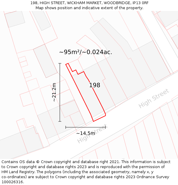 198, HIGH STREET, WICKHAM MARKET, WOODBRIDGE, IP13 0RF: Plot and title map