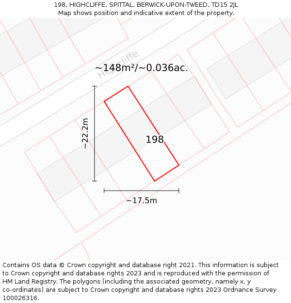 198, HIGHCLIFFE, SPITTAL, BERWICK-UPON-TWEED, TD15 2JL: Plot and title map