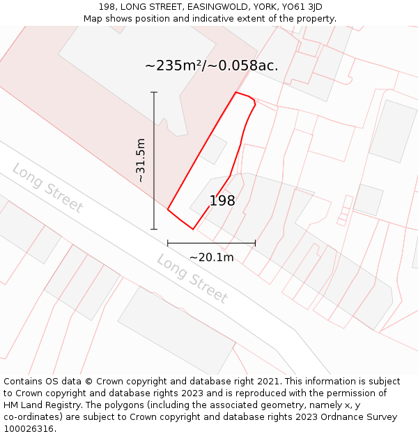 198, LONG STREET, EASINGWOLD, YORK, YO61 3JD: Plot and title map
