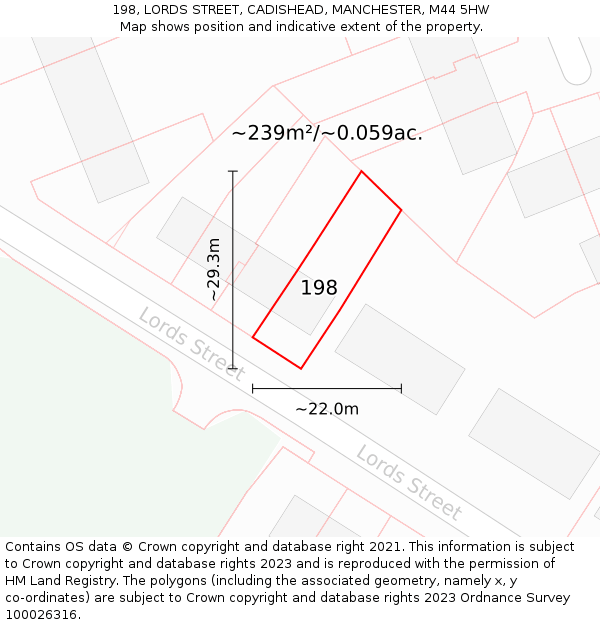 198, LORDS STREET, CADISHEAD, MANCHESTER, M44 5HW: Plot and title map