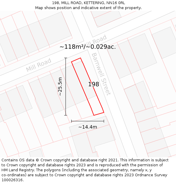 198, MILL ROAD, KETTERING, NN16 0RL: Plot and title map