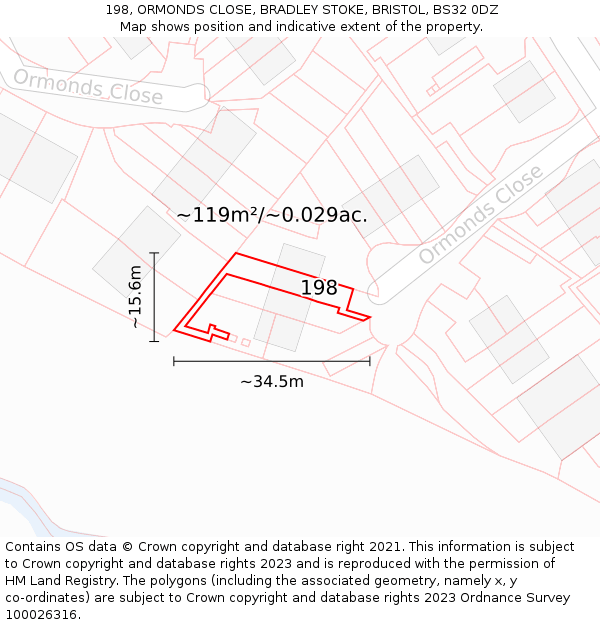 198, ORMONDS CLOSE, BRADLEY STOKE, BRISTOL, BS32 0DZ: Plot and title map
