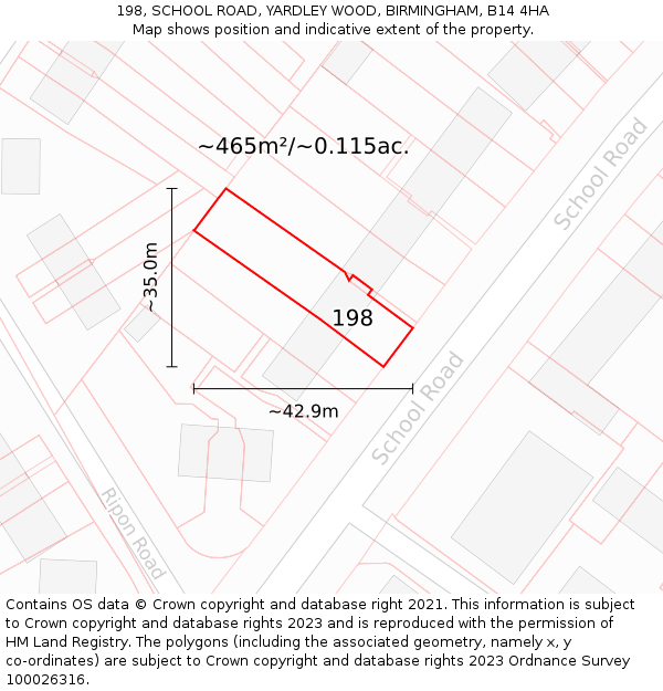 198, SCHOOL ROAD, YARDLEY WOOD, BIRMINGHAM, B14 4HA: Plot and title map