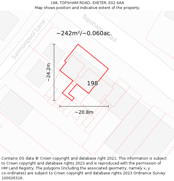 198, TOPSHAM ROAD, EXETER, EX2 6AA: Plot and title map