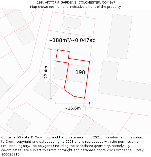 198, VICTORIA GARDENS, COLCHESTER, CO4 9YF: Plot and title map
