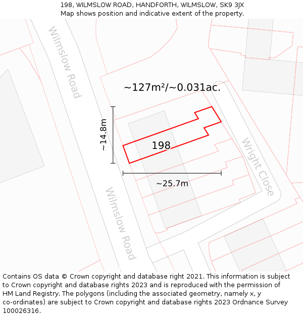 198, WILMSLOW ROAD, HANDFORTH, WILMSLOW, SK9 3JX: Plot and title map