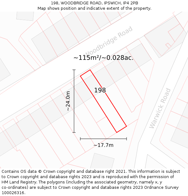 198, WOODBRIDGE ROAD, IPSWICH, IP4 2PB: Plot and title map