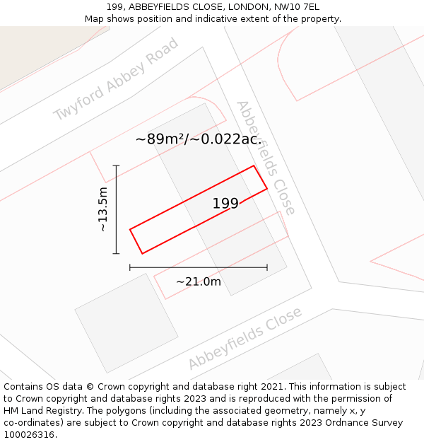 199, ABBEYFIELDS CLOSE, LONDON, NW10 7EL: Plot and title map