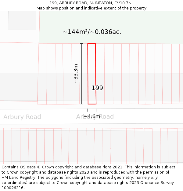 199, ARBURY ROAD, NUNEATON, CV10 7NH: Plot and title map
