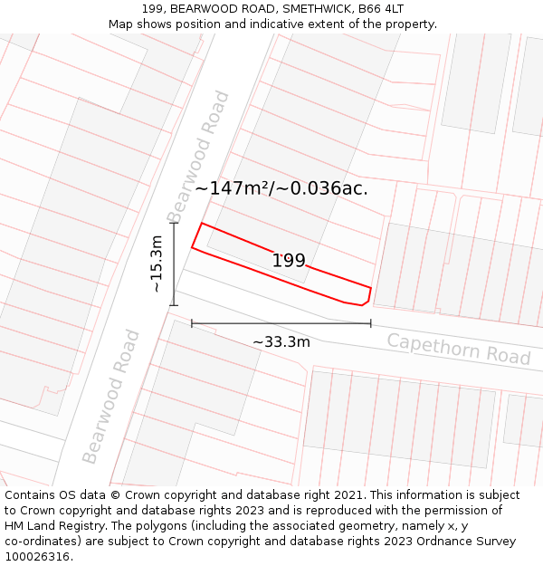 199, BEARWOOD ROAD, SMETHWICK, B66 4LT: Plot and title map