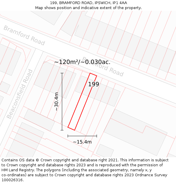 199, BRAMFORD ROAD, IPSWICH, IP1 4AA: Plot and title map