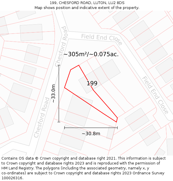 199, CHESFORD ROAD, LUTON, LU2 8DS: Plot and title map