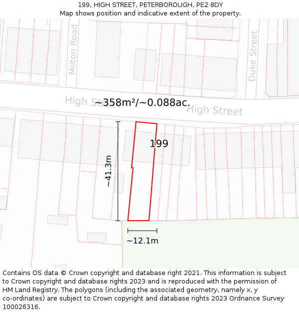 199, HIGH STREET, PETERBOROUGH, PE2 8DY: Plot and title map