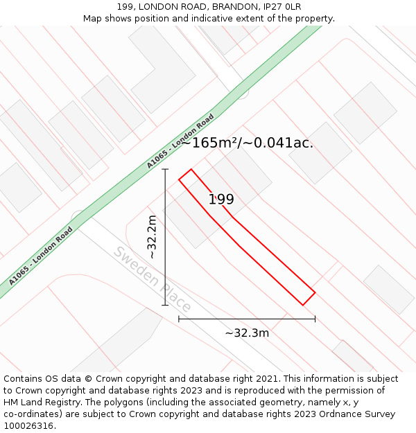 199, LONDON ROAD, BRANDON, IP27 0LR: Plot and title map