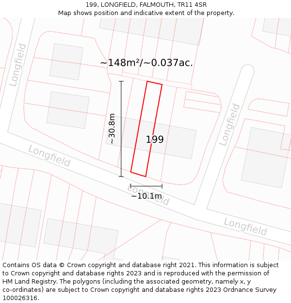 199, LONGFIELD, FALMOUTH, TR11 4SR: Plot and title map