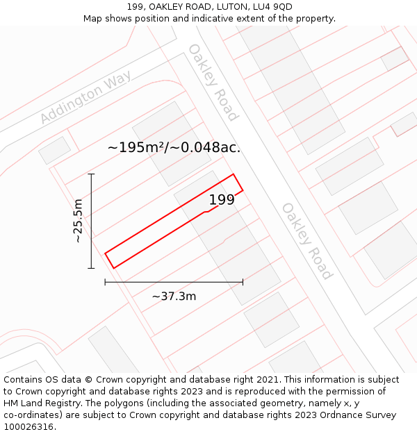 199, OAKLEY ROAD, LUTON, LU4 9QD: Plot and title map