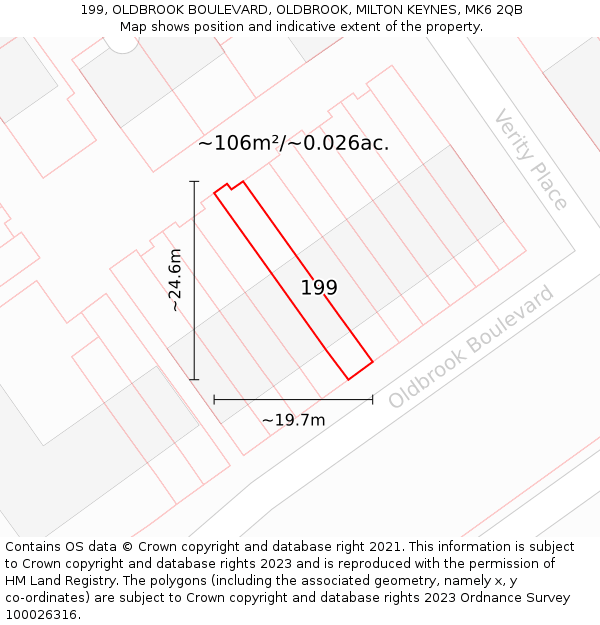 199, OLDBROOK BOULEVARD, OLDBROOK, MILTON KEYNES, MK6 2QB: Plot and title map