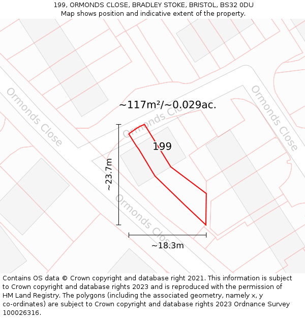 199, ORMONDS CLOSE, BRADLEY STOKE, BRISTOL, BS32 0DU: Plot and title map
