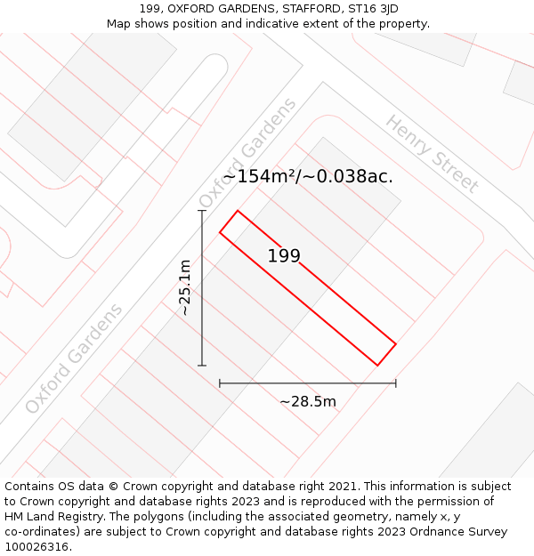 199, OXFORD GARDENS, STAFFORD, ST16 3JD: Plot and title map