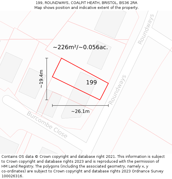 199, ROUNDWAYS, COALPIT HEATH, BRISTOL, BS36 2RA: Plot and title map