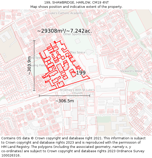 199, SHAWBRIDGE, HARLOW, CM19 4NT: Plot and title map