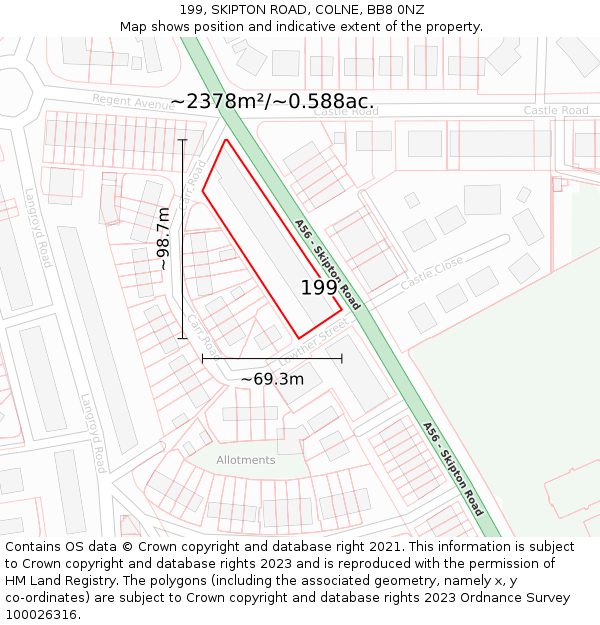 199, SKIPTON ROAD, COLNE, BB8 0NZ: Plot and title map