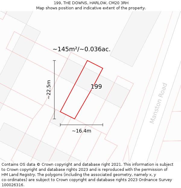 199, THE DOWNS, HARLOW, CM20 3RH: Plot and title map