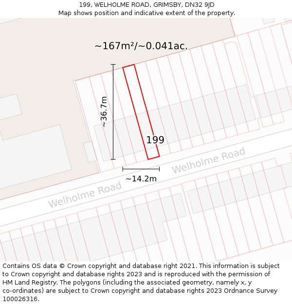 199, WELHOLME ROAD, GRIMSBY, DN32 9JD: Plot and title map