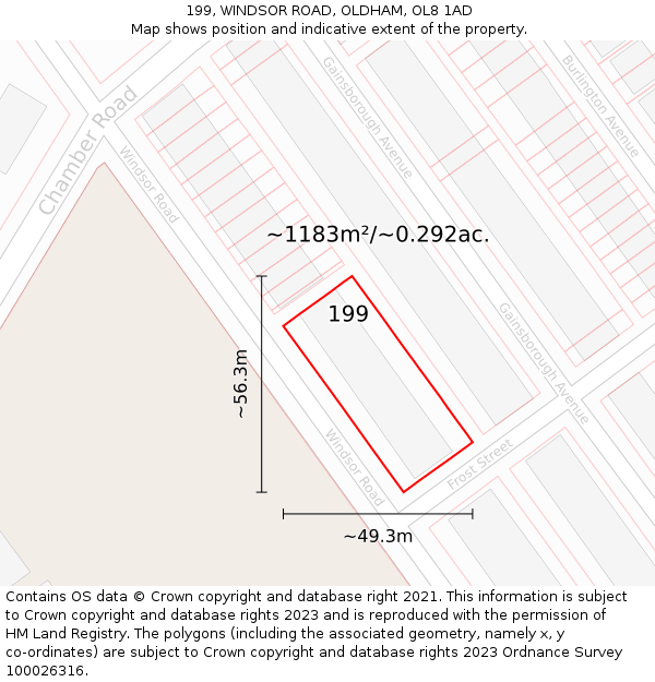 199, WINDSOR ROAD, OLDHAM, OL8 1AD: Plot and title map