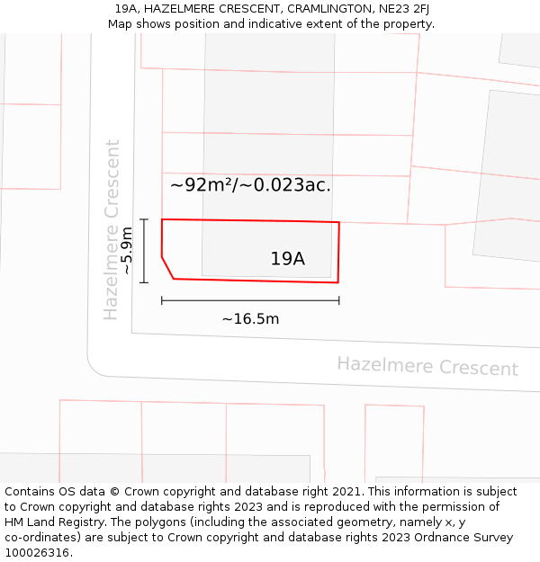 19A, HAZELMERE CRESCENT, CRAMLINGTON, NE23 2FJ: Plot and title map