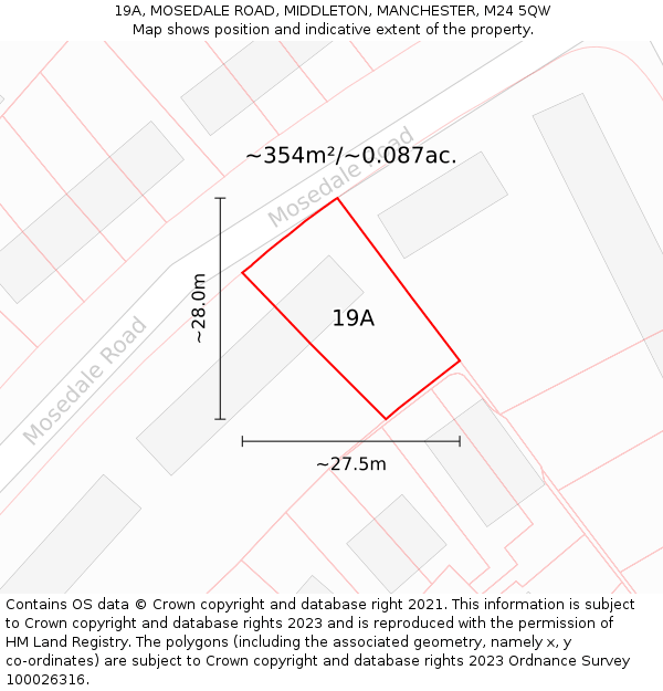 19A, MOSEDALE ROAD, MIDDLETON, MANCHESTER, M24 5QW: Plot and title map