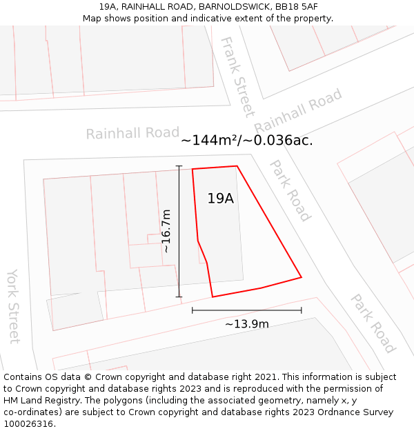 19A, RAINHALL ROAD, BARNOLDSWICK, BB18 5AF: Plot and title map