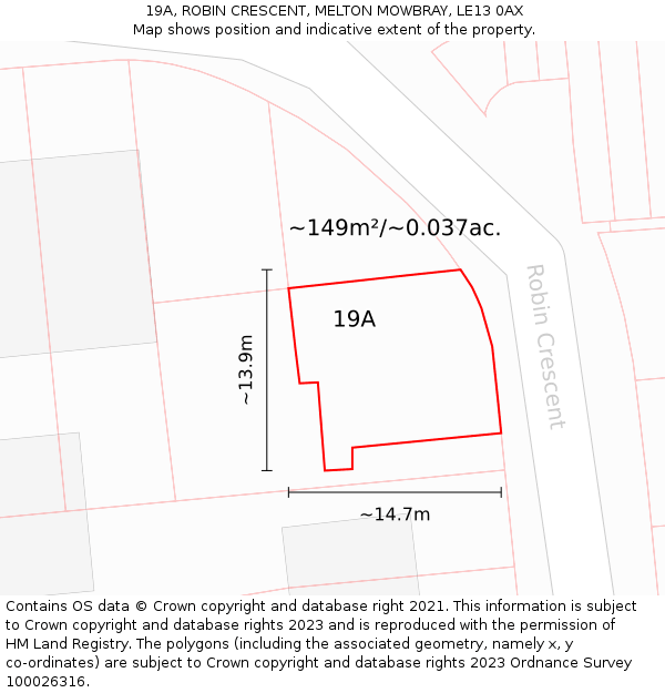 19A, ROBIN CRESCENT, MELTON MOWBRAY, LE13 0AX: Plot and title map