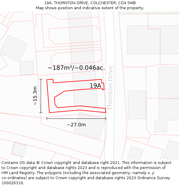 19A, THORNTON DRIVE, COLCHESTER, CO4 5WB: Plot and title map