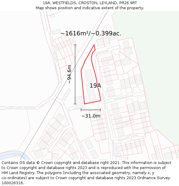 19A, WESTFIELDS, CROSTON, LEYLAND, PR26 9RT: Plot and title map