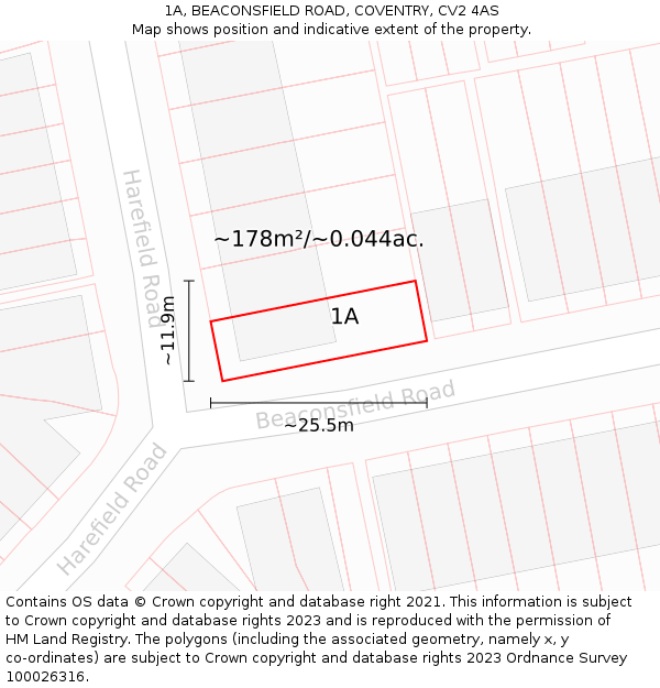 1A, BEACONSFIELD ROAD, COVENTRY, CV2 4AS: Plot and title map