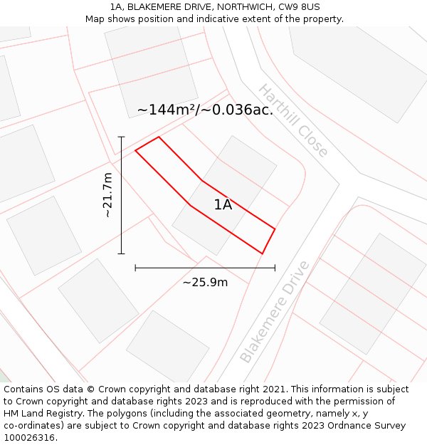 1A, BLAKEMERE DRIVE, NORTHWICH, CW9 8US: Plot and title map