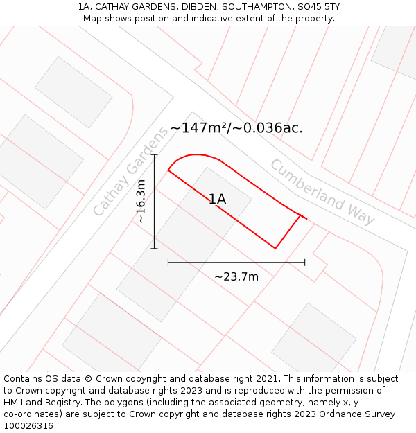 1A, CATHAY GARDENS, DIBDEN, SOUTHAMPTON, SO45 5TY: Plot and title map