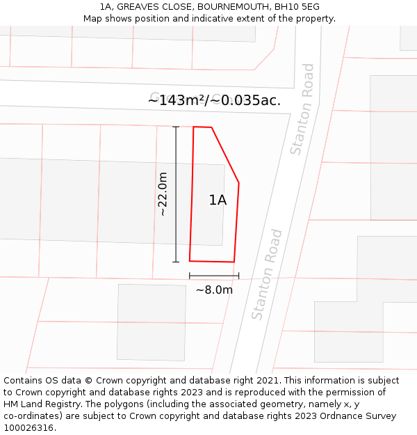 1A, GREAVES CLOSE, BOURNEMOUTH, BH10 5EG: Plot and title map