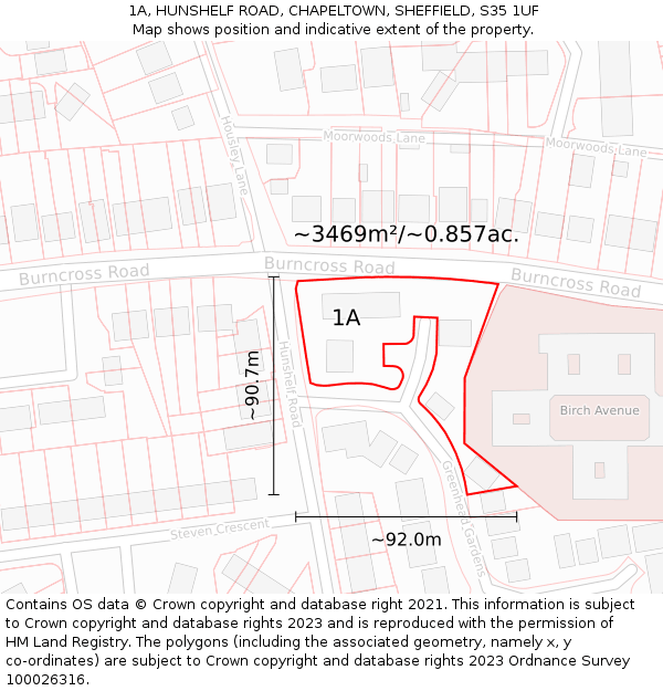 1A, HUNSHELF ROAD, CHAPELTOWN, SHEFFIELD, S35 1UF: Plot and title map