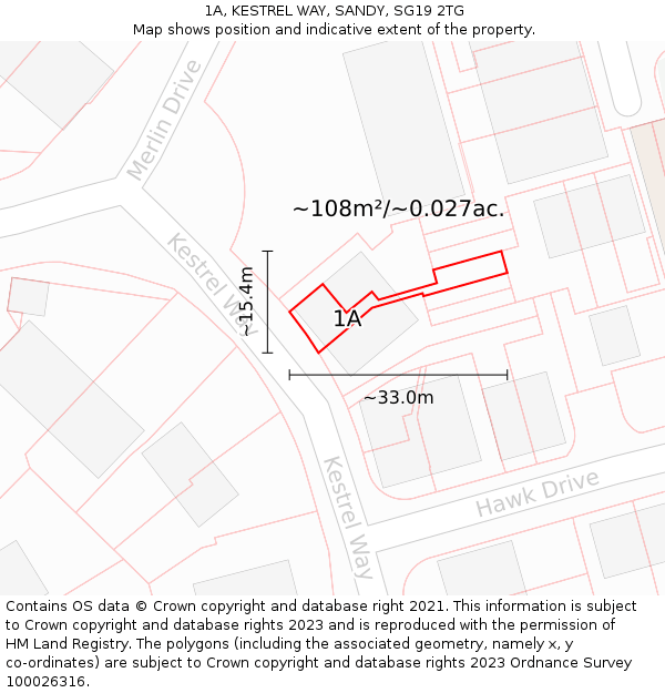 1A, KESTREL WAY, SANDY, SG19 2TG: Plot and title map
