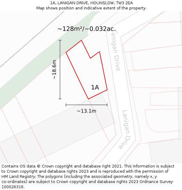 1A, LANIGAN DRIVE, HOUNSLOW, TW3 2EA: Plot and title map