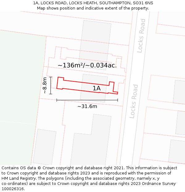 1A, LOCKS ROAD, LOCKS HEATH, SOUTHAMPTON, SO31 6NS: Plot and title map