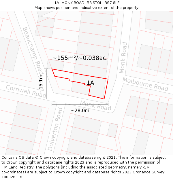 1A, MONK ROAD, BRISTOL, BS7 8LE: Plot and title map